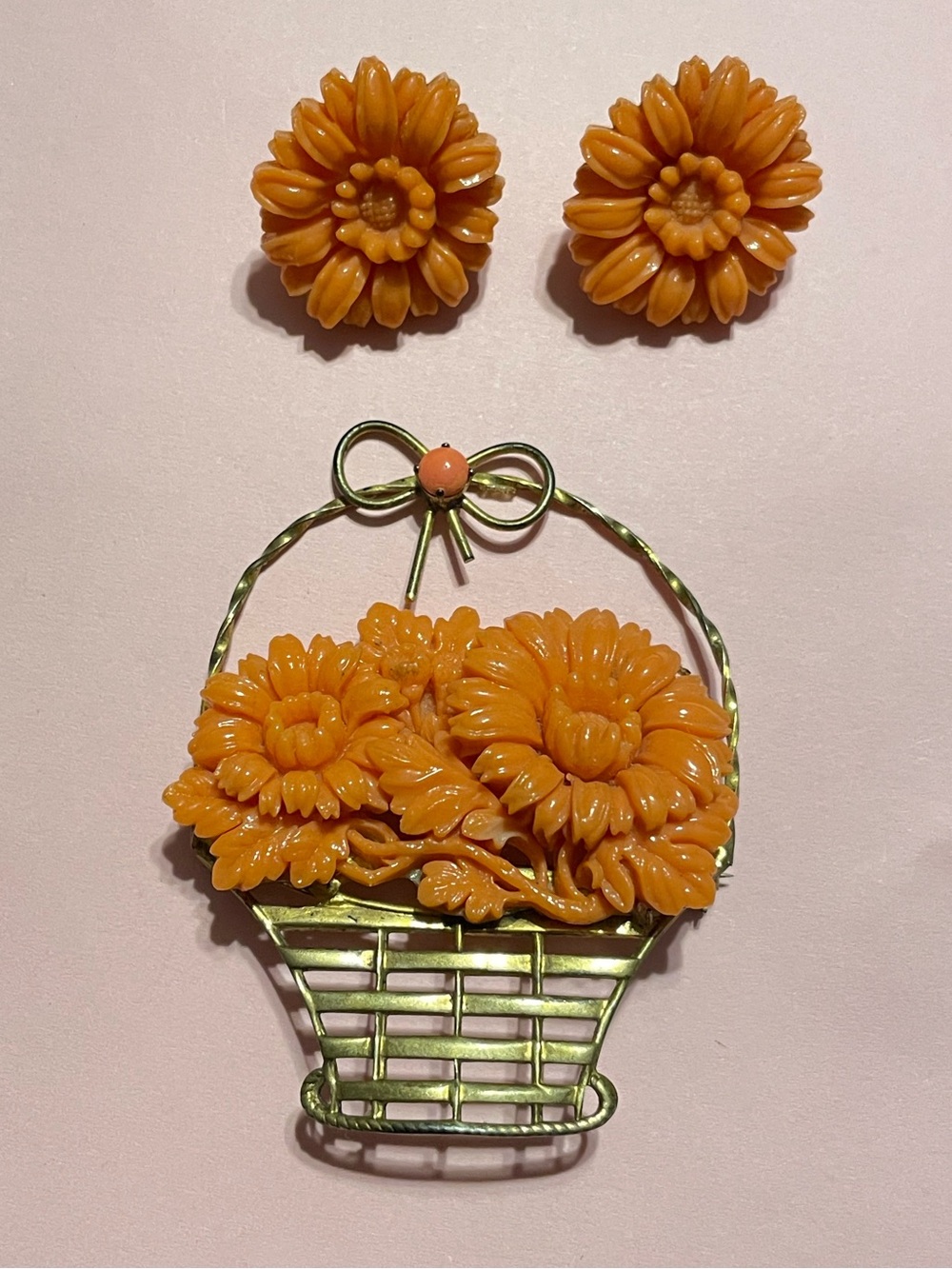 Sterling Silver Vermeil Celluloid Flower Basket Brooch / Earrings #8235 💎 SALE